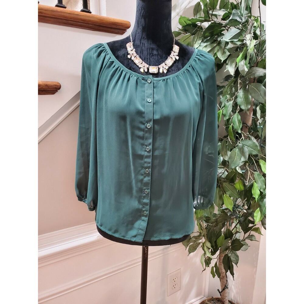 H&M Women's Solid Green 100% Polyester Balloon Sleeve Round Neck Blouse Size 6